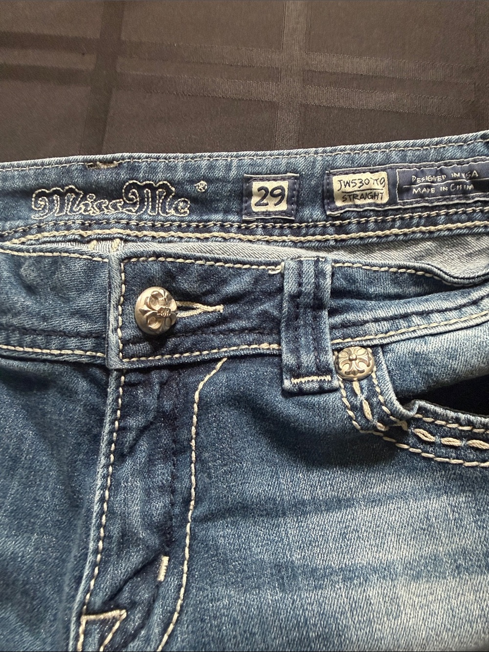 Miss Me Blue Straight Leg Jeans with Contrast Stitching - Picture 2 of 7